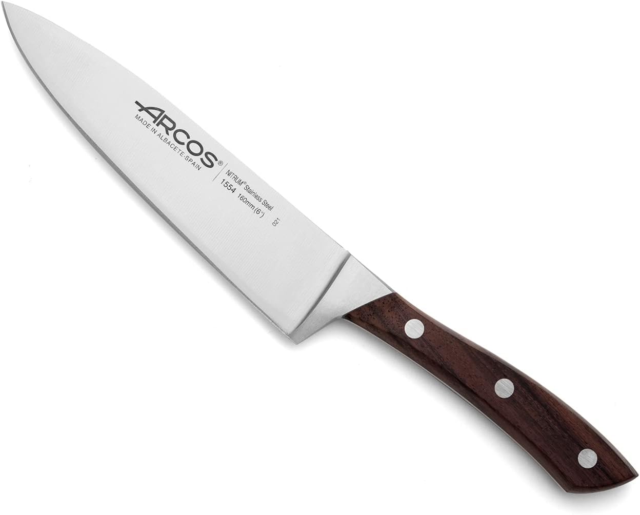 ARCOS Cuchillo de chef forjado de 6 pulgadas. Hoja de acero inoxidable nitrum 6.299 in. Mango ergonómico de polioximetileno. Mango marrón