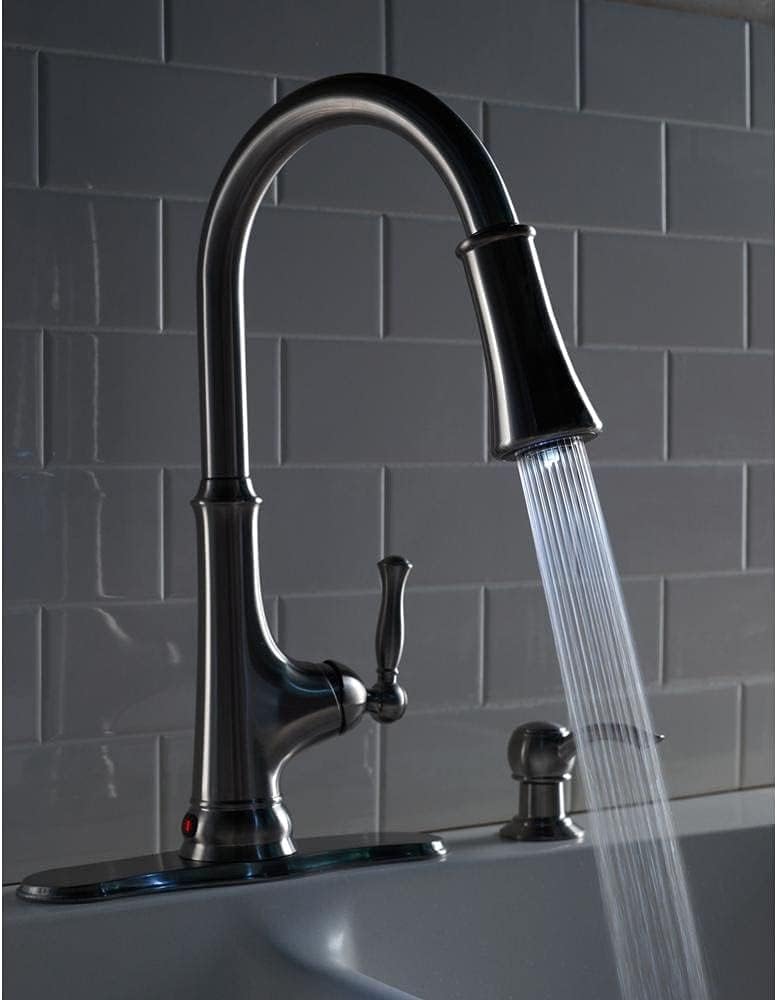 Glacier Bay Grifo de cocina con pulverizador desplegable de una sola manija sin contacto con luz LED