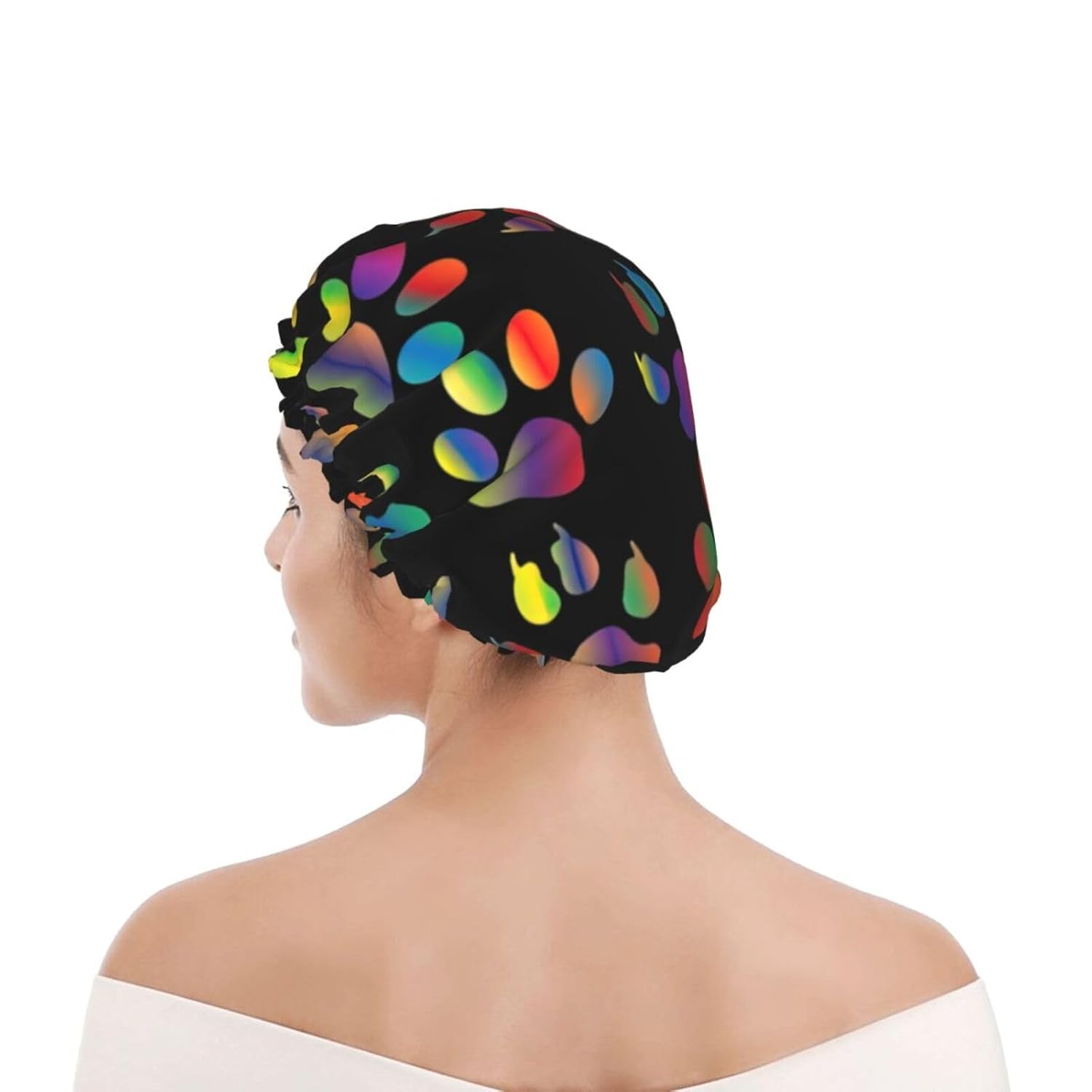 Colorido gorro de ducha con diseño de pata de perro, diseño de impresión completa, tela de poliéster resistente al agua, esencial para
