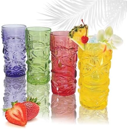 Lily’s Home Juego de 4 vasos Tiki  Ideal para cócteles exóticos, Highball  Juego único de vasos Tiki Bar y Bar de cocina, juego de vasos de vidrio y