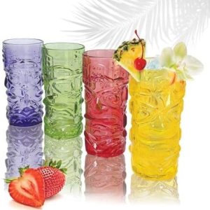 Lily’s Home Juego de 4 vasos Tiki  Ideal para cócteles exóticos, Highball  Juego único de vasos Tiki Bar y Bar de cocina, juego de vasos de vidrio y Lily’s Home Juego de 4 vasos Tiki  Ideal para cócteles exóticos, Highball  Juego único de vasos Tiki Bar y Bar de cocina, juego de vasos de vidrio y