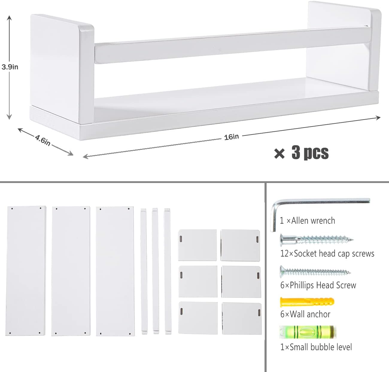 AZSKY Estantería flotante para habitación de los niños, estantes blancos para guardería, estantes de pared para decoración de baño, estante de