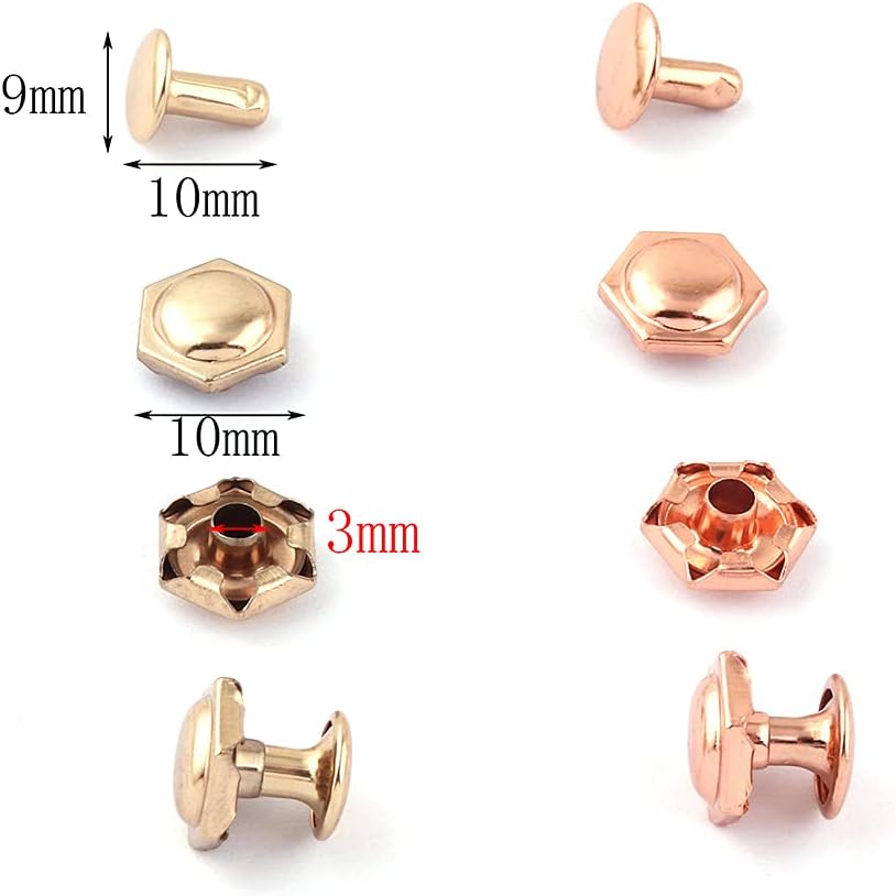 Remache de doble tapa de metal de oro rosa de 0.394in, remache rápido, remache para bolsos, bolsos, zapatos, cinturones de cuero, manualidades,