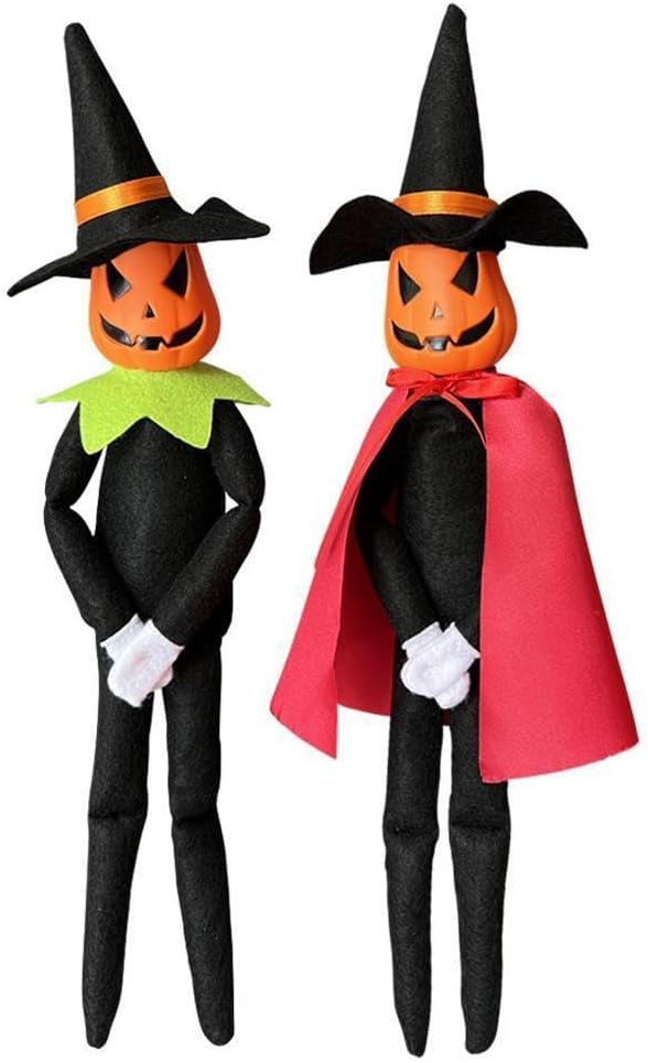 Muñeco de peluche de calabaza de Halloween de 14 pulgadas, hecho a mano con sombrero negro, guantes blancos, vestidos y capa para Halloween y