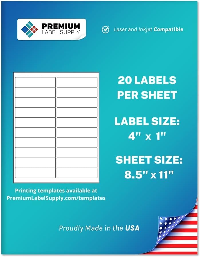 Premium Label Supply Etiquetas adhesivas blancas para dirección  4 x 1 pulgada  Compatible con láserinyección de tinta  (20 etiquetashoja), 100
