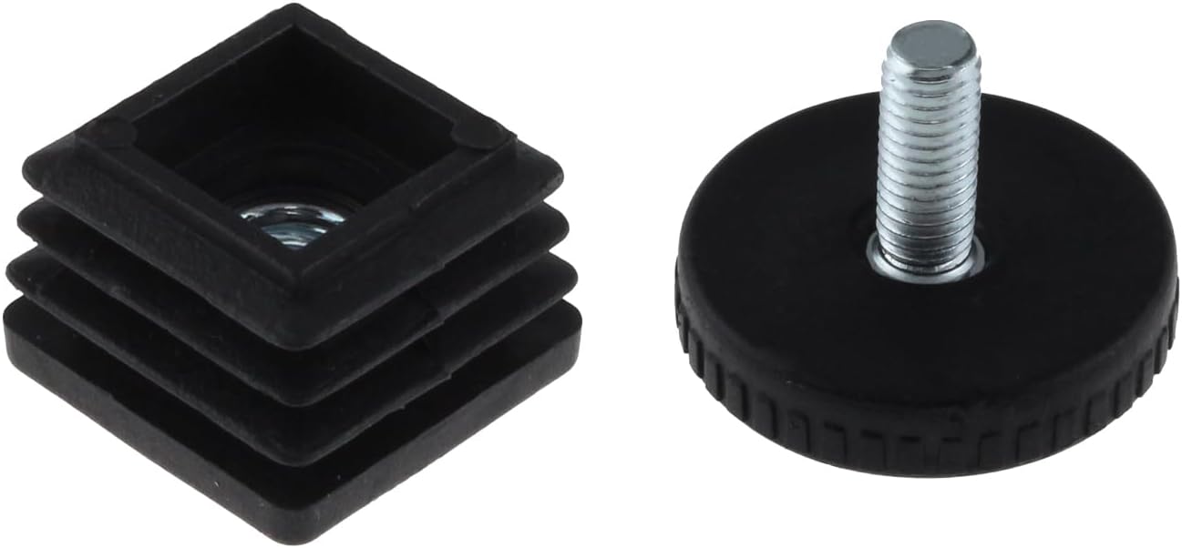 SQXBK Tapones de tuerca de tubo cuadrado de plástico ajustables, 25 x 25 pulgadas, pies de nivelación de altura negros, insertos cuadrados, medidor