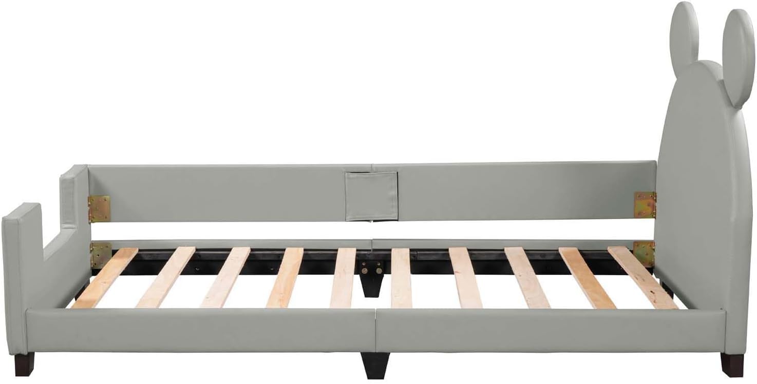 Altillo Cama de plataforma tapizada de cuero de tamaño individual con cabecero de orejas, bonito marco de cama con orejas decorativas para