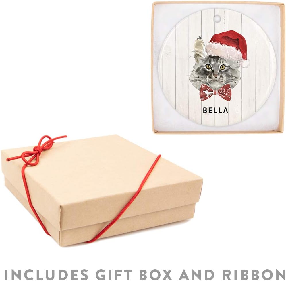 Andaz Press Adorno redondo personalizado de cerámica para árbol de Navidad, Maine Coon, corona de acebo, sombrero de Papá Noel, nombre