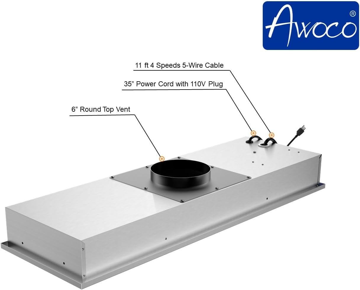 Awoco Campana extractora de acero inoxidable súper silenciosa de 14-12 pulgadas de profundidad, 4 velocidades, 800 CFM, luces LED, filtros de malla