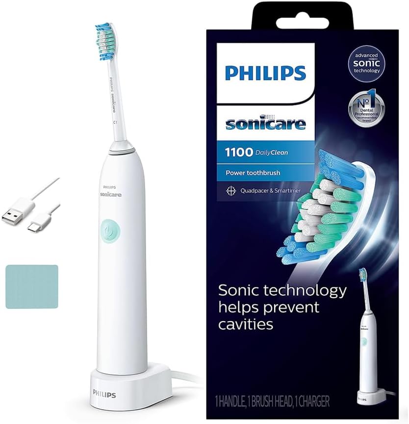 Philips Sonicare DailyClean 1100 Cepillo de dientes eléctrico recargable para adultos, color blanco con accesorios