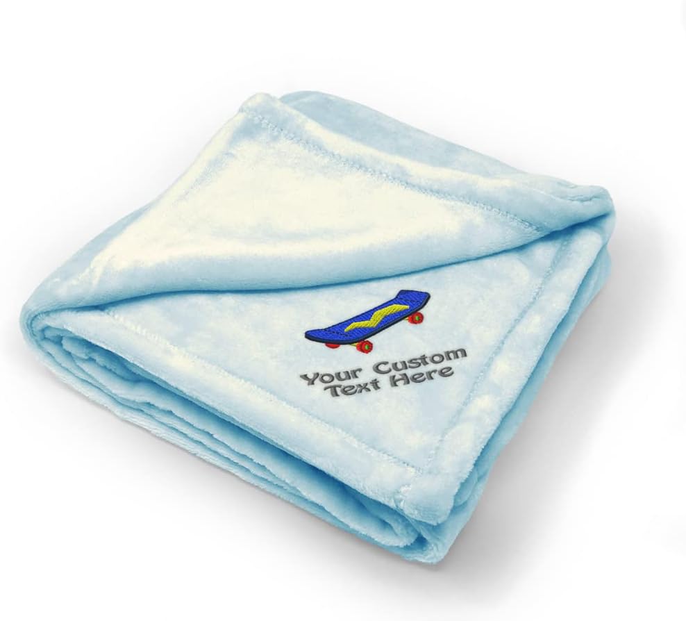 Custom Embroidery Nursery Bedding Baby Blankets for Boys & Girls Toy Skateboard Polyester Soft Plush Receiving Swaddle Blue Personalized Text Name