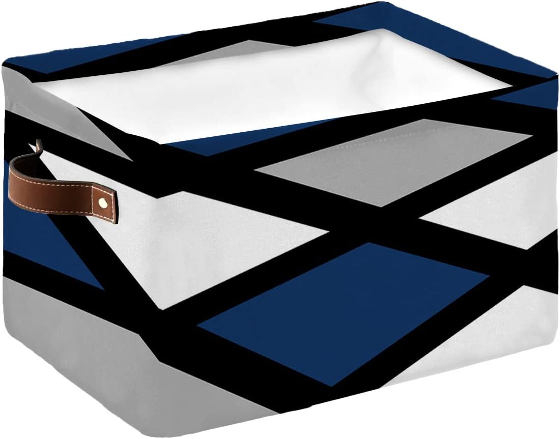 Cesta de almacenamiento de color azul marino y gris para organizar estantes, cajas de almacenamiento plegables con asa, arte abstracto geométrico