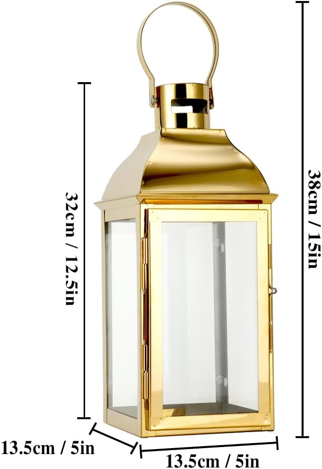 JHY DESIGN Faroles decorativos de acero inoxidable de 15 pulgadas de alto con vidrio templado, elegancia vintage para eventos interiores y