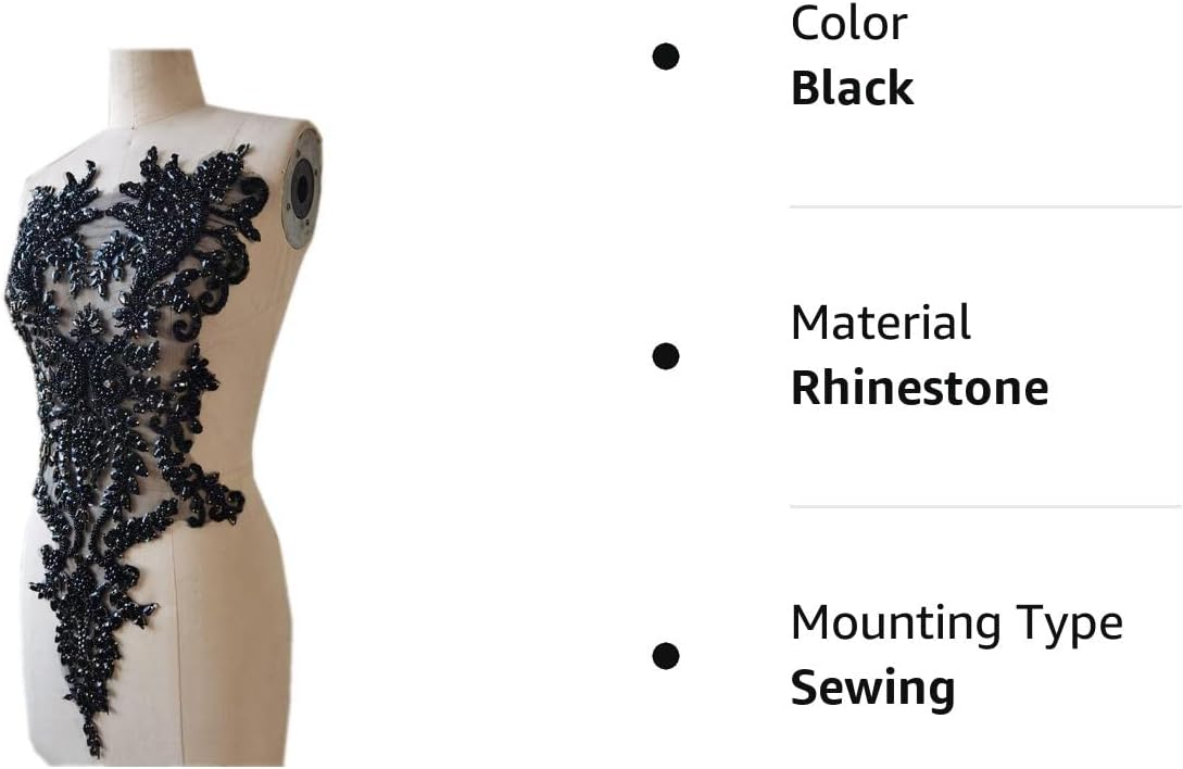 Apliques de encaje hechos a mano con diamantes de imitación para coser en perlas para accesorios de ropa de vestir (negro)