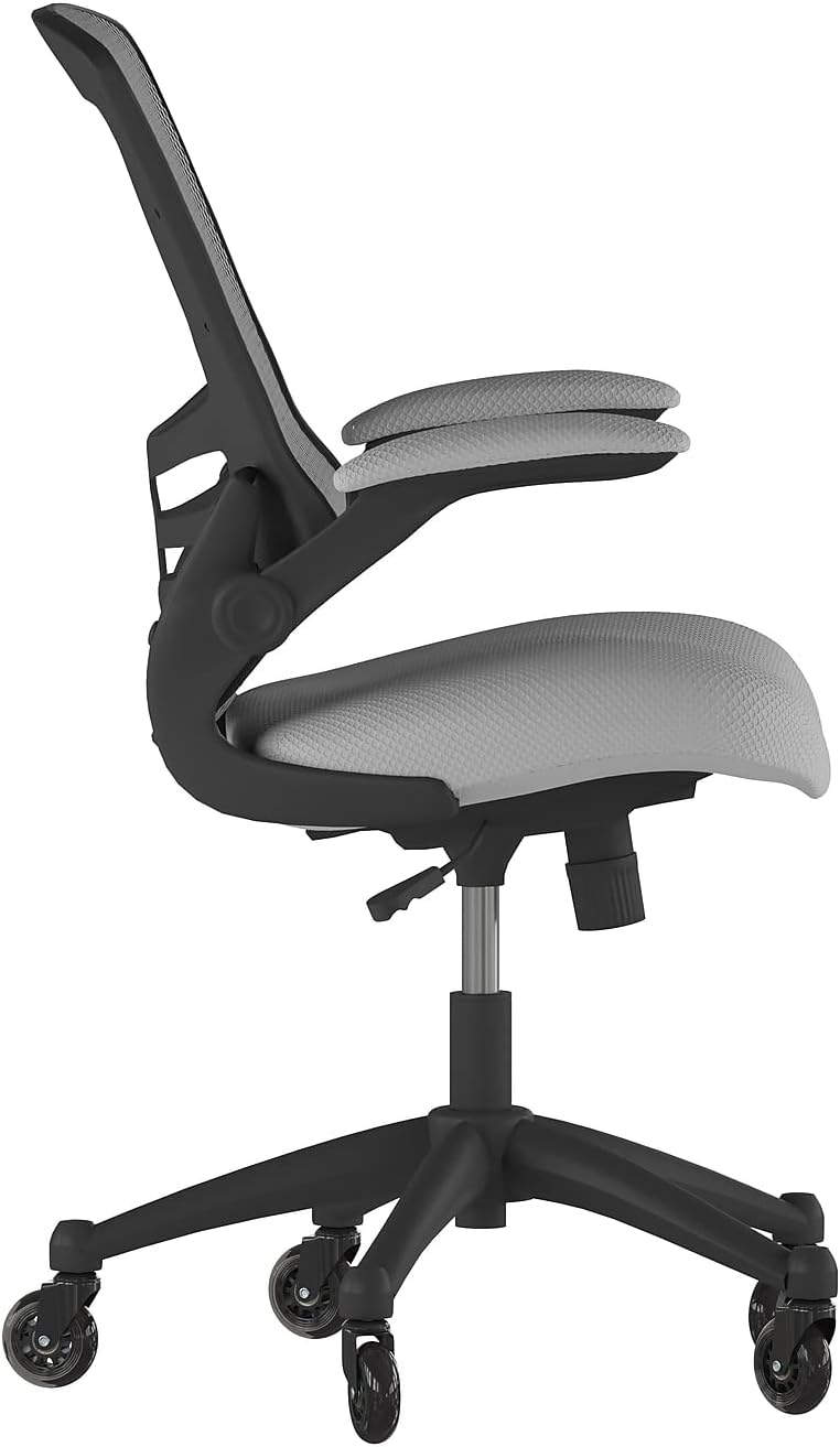 Flash Furniture Kelista Silla ergonómica giratoria de malla gris oscuro con brazos abatibles y ruedas transparentes