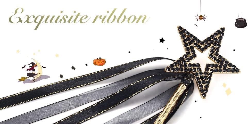 Varita chapada en oro de estrella de metal negro con cinta para decoración de Halloween para niñas