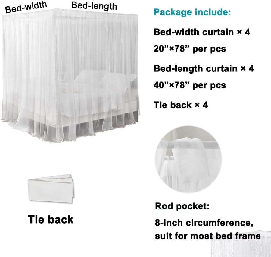 Cortina de cama blanca para cama individual, bufanda suave para niñas y adultos (individual, blanco)