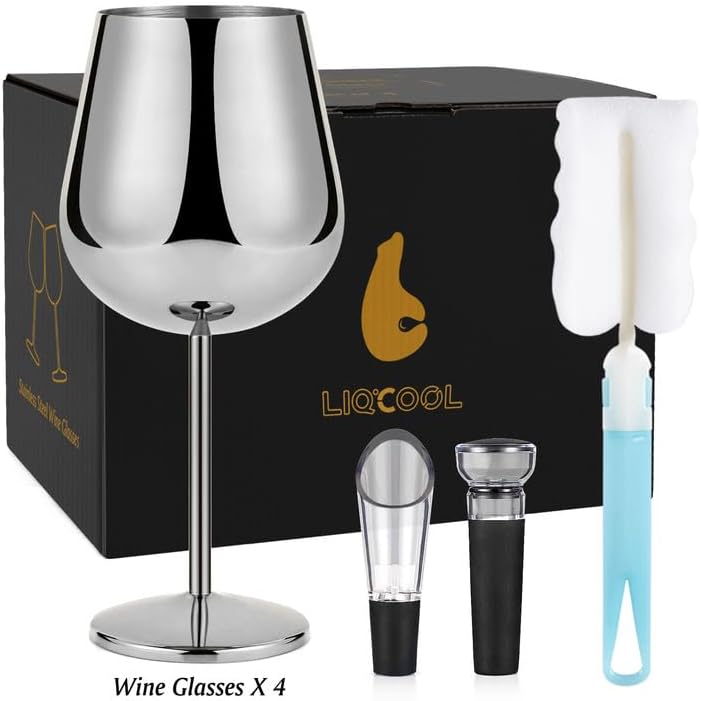 Juego de 4 copas de vino de acero inoxidable, copas de vino de metal de 21 onzas con decantador y tapón, copa de vino de acero inoxidable con tallo