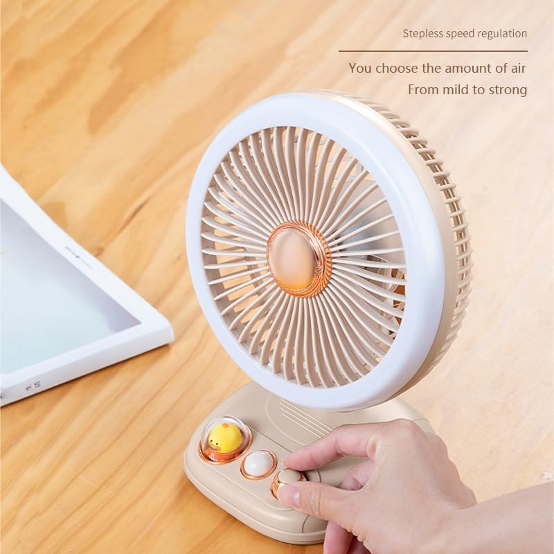 Ventilador de escritorio con luz LED, flujo de aire silencioso de velocidad variable, funciona con pilas recargables (beige)
