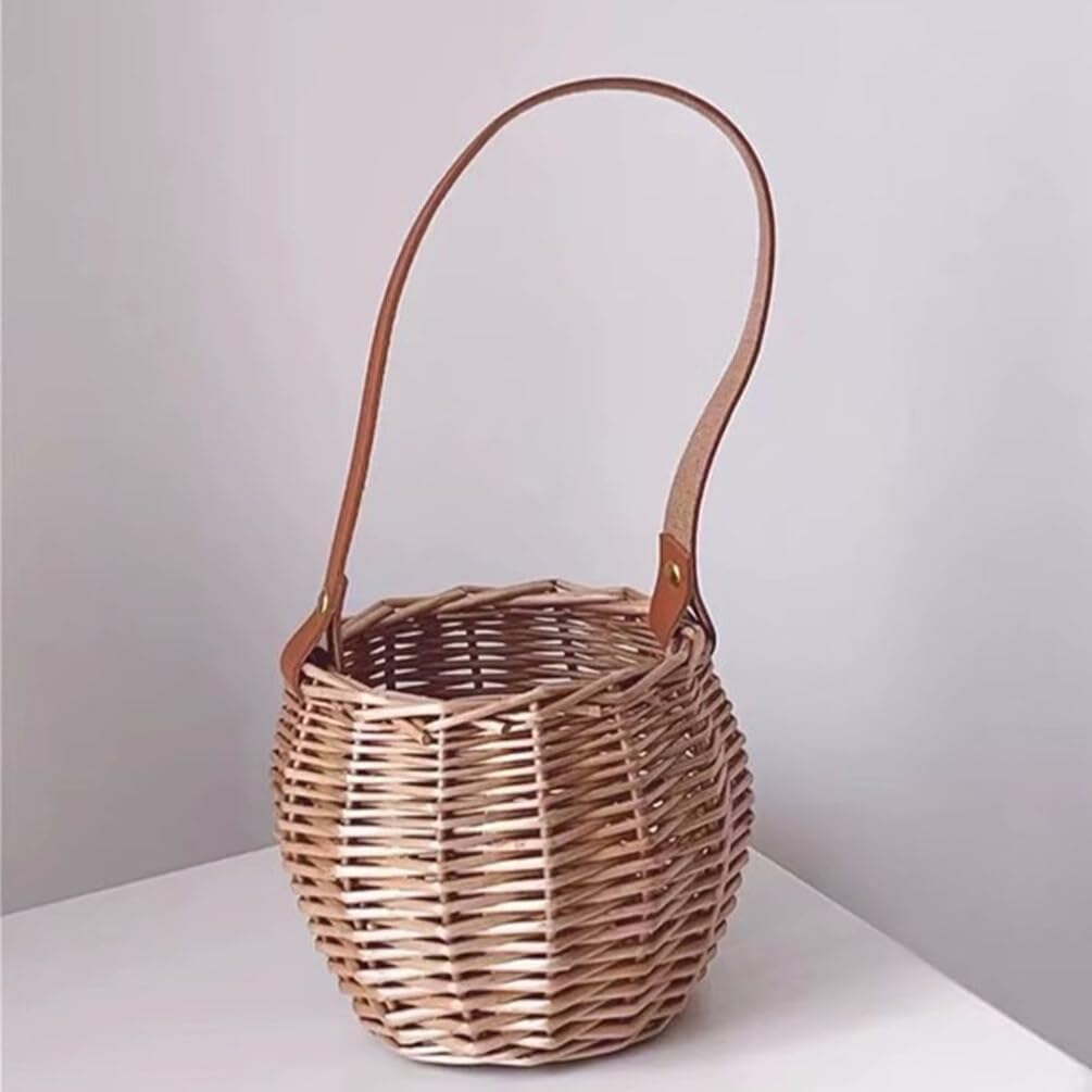 Cestas tejidas de mimbre con mango de cuero, cestas de flores para niñas, cesta de almacenamiento de dulces para boda, fiesta, decoración del hogar