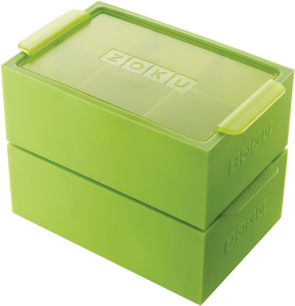 ZOKU Bandejas gigantes para cubitos de hielo, juego de 2, bandejas apilables de silicona con tapas que protegen el sabor, de fácil liberación, sin