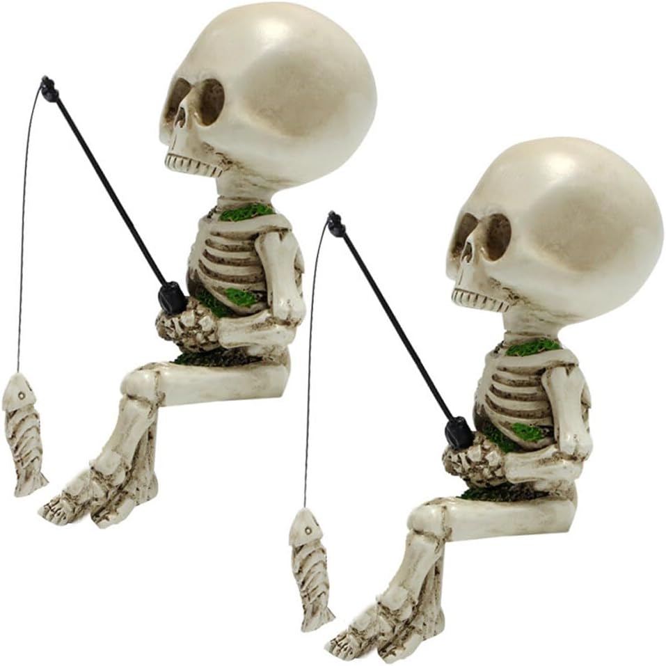2 adornos de esqueletos de pesca para jardinería, estatua de esqueleto de pesca, figuras de resina, figuras de Halloween, estatuas de calavera de