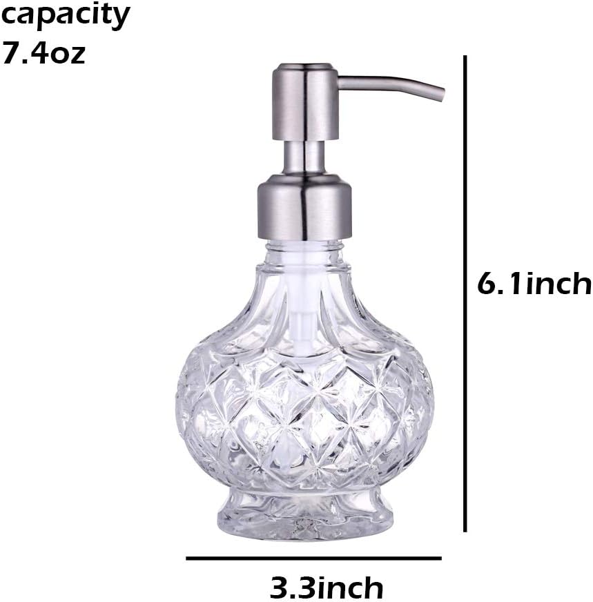 YunNasi Dispensador de jabón con bomba de acero inoxidable, diseño de cristal transparente, vintage y elegante, dispensadores de jabón líquido
