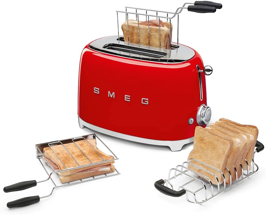 SMEG Tostadora de 2 rebanadas con combo de estante para sándwich, color rojo