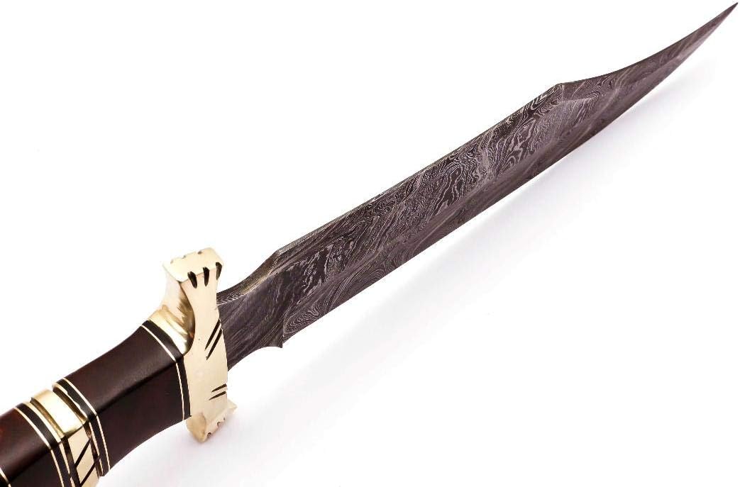 Cuchillo de caza de acero de Damasco con mango de asta de ciervo con madera de Burl y protector de latón, hoja de fijación de borde afilado hecho a