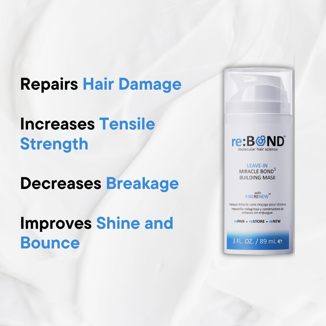 REBOND MOLECULAR HAIR SCIENCE Leave In Miracle Bond – Juego de máscaras de construcción, incluye 1-3 oz (3.0 fl oz) y 1 tamaño de viaje, 0.3 fl oz