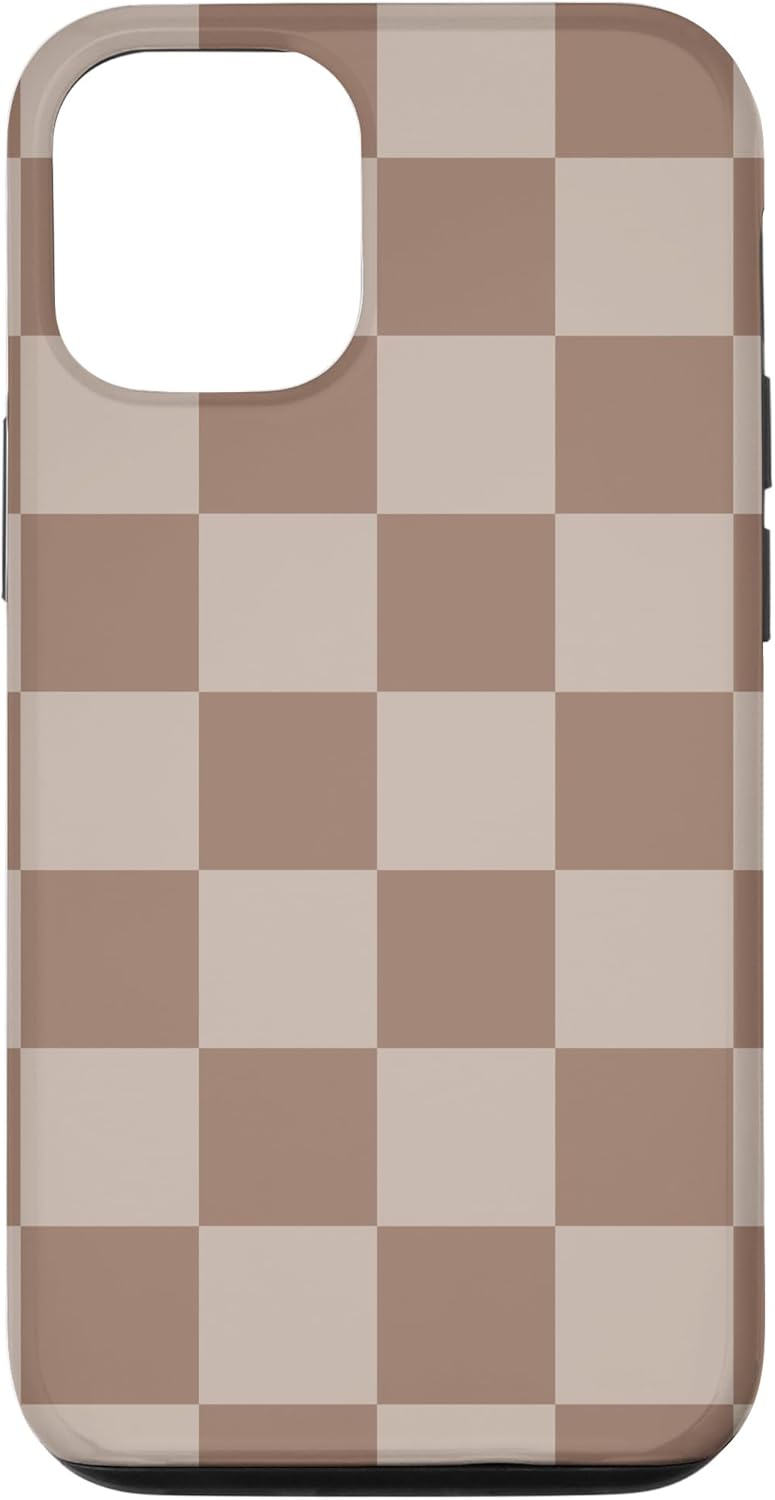 Funda para iPhone 14 marrón con diseño de cuadros grandes, color beige estético marrón