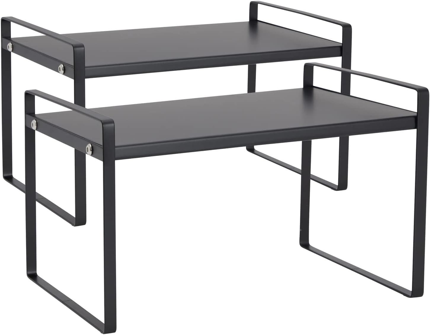 Juvale Paquete de 2 organizadores de estantes negros para gabinetes de cocina, estantes apilables para almacenamiento de cocina, elevador de metal
