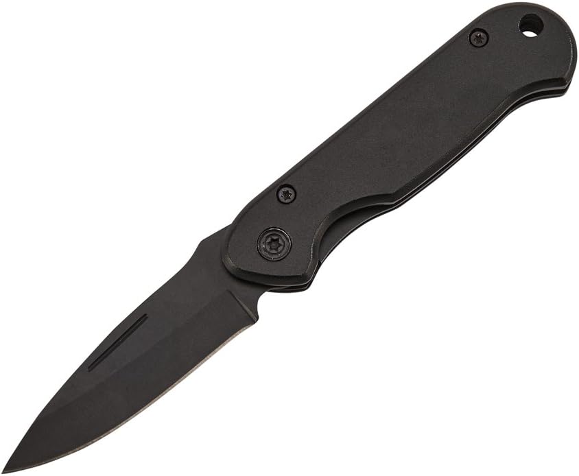Creative Gifts International Cuchillo de bolsillo con bloqueo negro mate, hoja de acero inoxidable, mango de aluminio, 3.5 pulgadas de largo