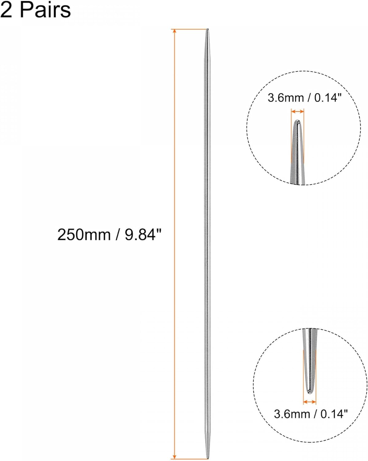 uxcell Juego de 2 pares de agujas de tejer, 0.142 in de diámetro, 9.84 pulgadas de largo, acero inoxidable, agujas de suéter de doble punta para