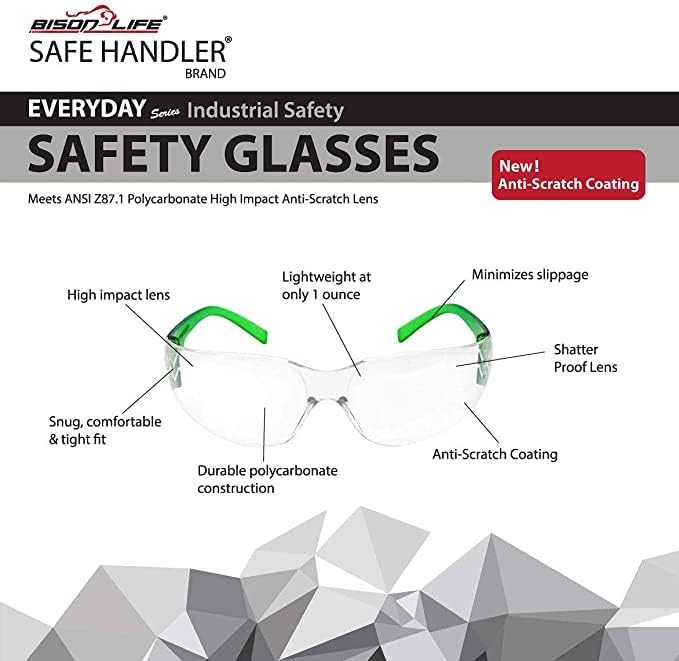 SAFE HANDLER BISON LIFE – Paquete de 24 pares de gafas de seguridad con patillas verdes con lente transparente, ANSI Z87, resistentes a impactos y