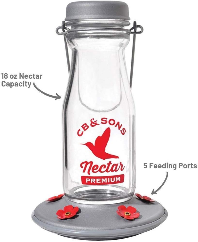 More Birds – Comedero para colibríes, con botella de leche de vidrio para colibríes para exteriores, 5 estaciones de alimentación, 18 onzas