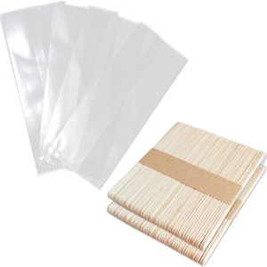 Bolsas de paletas y palitos gruesos para helados, bolsas de plástico con palitos de madera para tartas de helado, 200 unidades Bolsas de paletas y palitos gruesos para helados, bolsas de plástico con palitos de madera para tartas de helado, 200 unidades