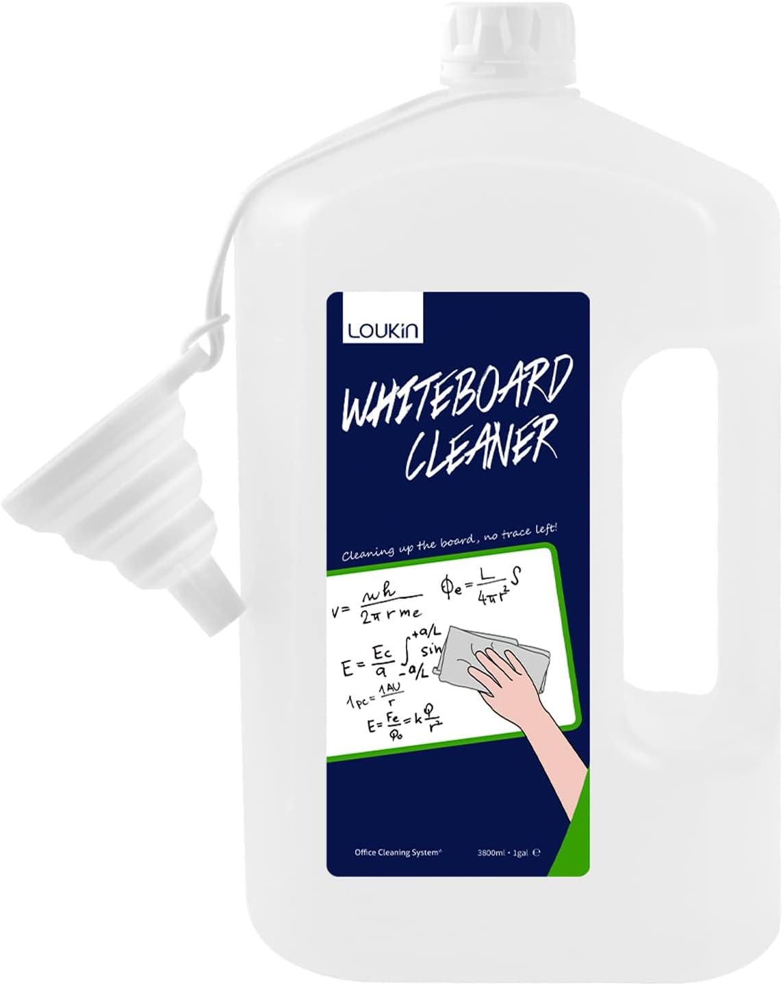 loukin Limpiador de pizarra blanca no tóxico, 1 galón (128 fl oz), repuesto de limpiador de pizarra de borrado en seco, embudo de silicona plegable