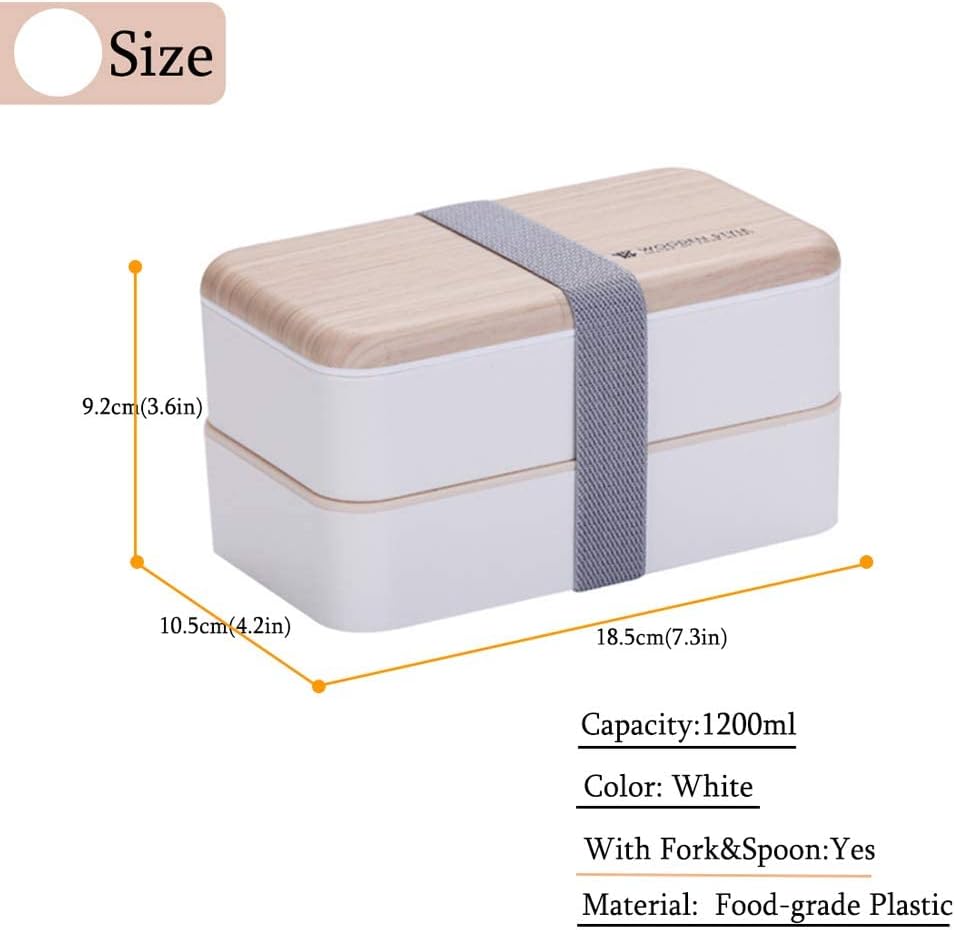 Lonchera Bento original estilo japonés de 2 capas con utensilios, cuchara y tenedor, divisor para ensalada para hombres y mujeres (blanco)