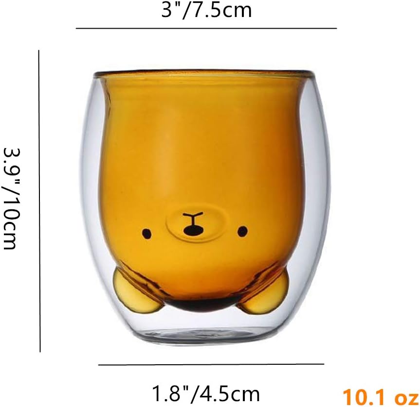 Ophelia Tazas de café creativas de cristalería de 10 onzas con cuchara, aislantes de doble pared en forma de oso, juego de tazas para bebidas frías