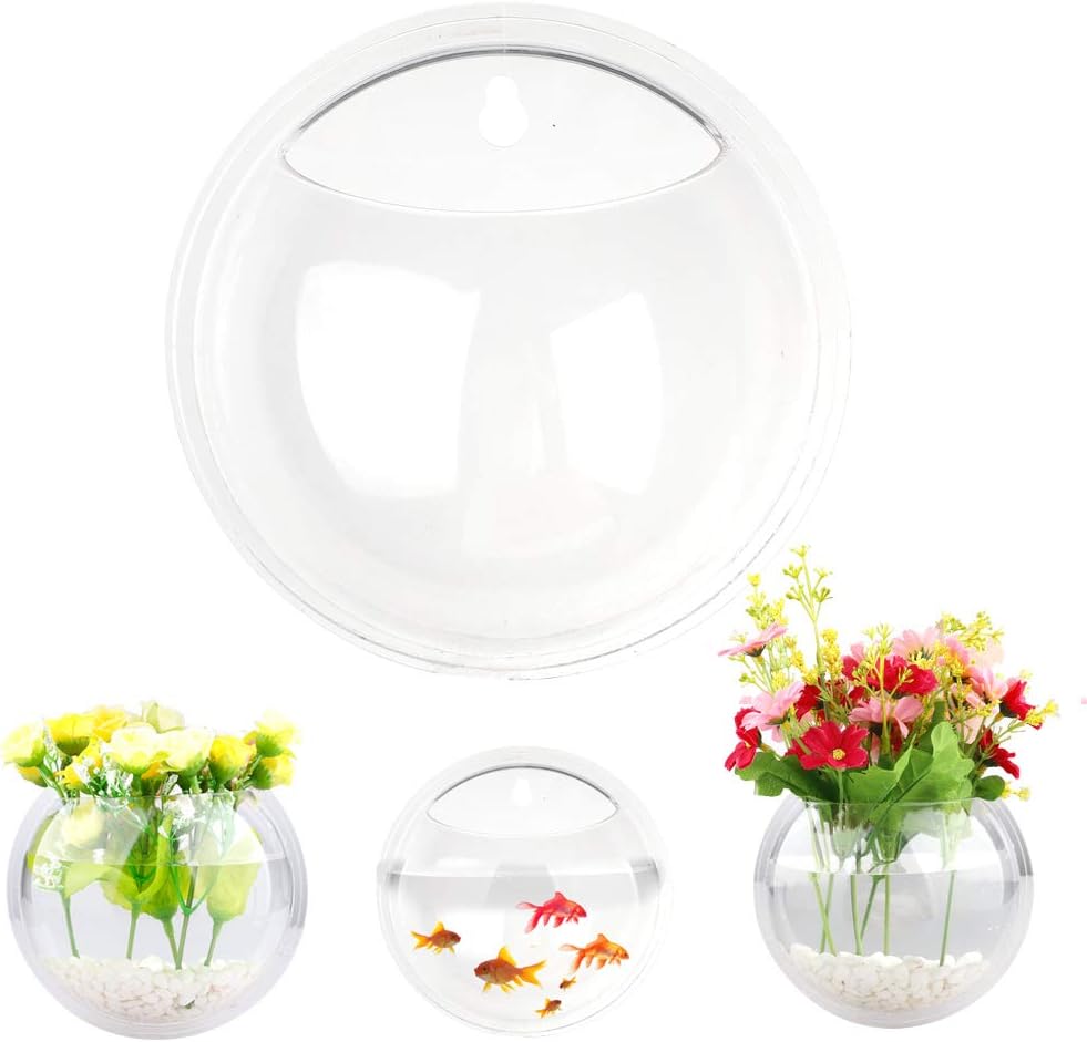 Paquete de 2 peceras montados en la pared, 7.8 fl oz de acrílico transparente redondo, decoración de pared de peces de burbujas para colgar en la