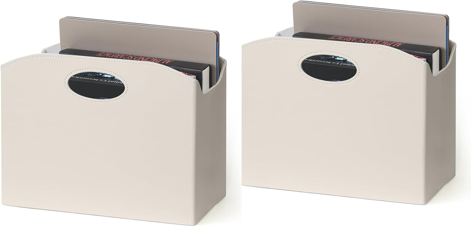 EZDeco Paquete de 2 revisteros, revistero de piel sintética, cesta de almacenamiento plegable para documentos de periódicos, organizador de carpetas