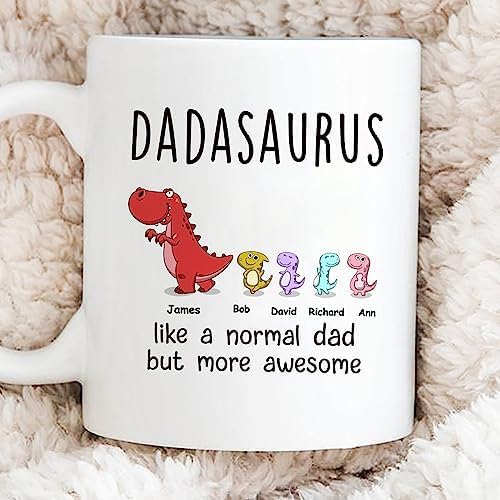 Gossby Taza personalizada DADASAURUS (4 niños)  Divertida taza de café para papá de parte de hija, hijo con avatares de dinosaurios, nombres, regalo