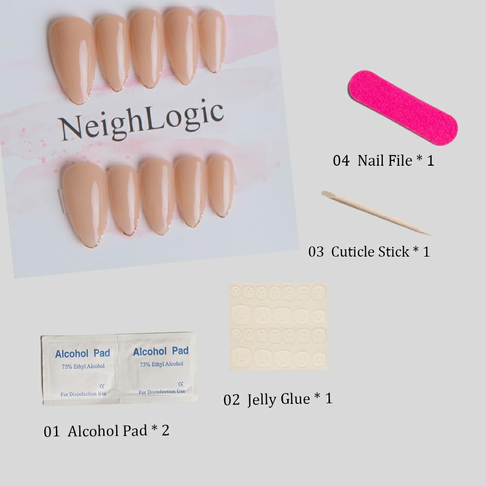 Uñas postizas a presión de gel nude con forma de almendra, uñas hechas a mano, uñas francesas a presión, uñas postizas con pegamento para mujeres y