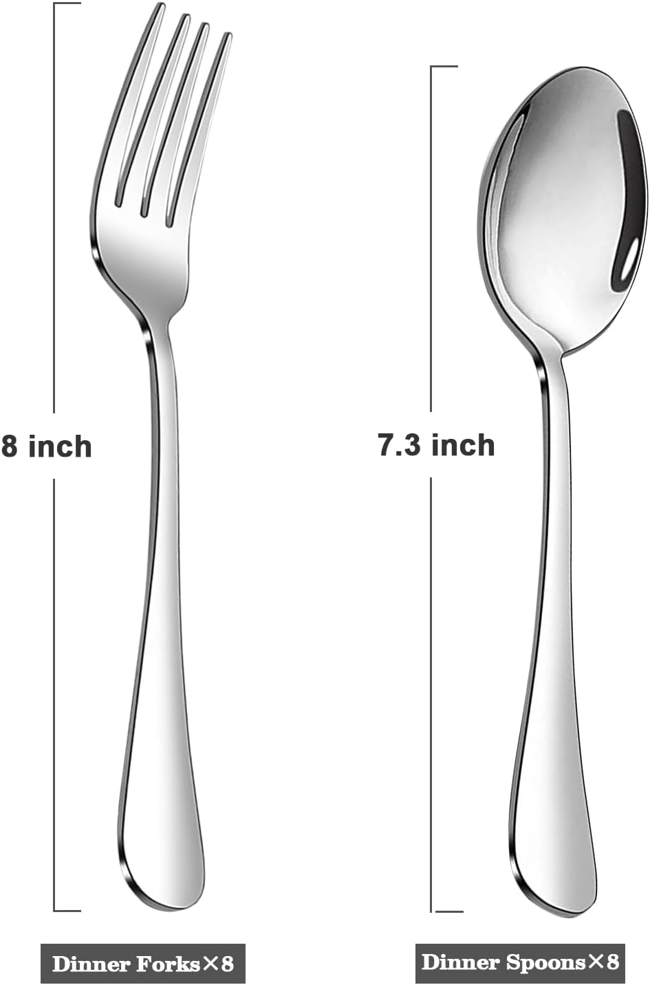 Juego de cucharas y tenedores, 8 tenedores de 8 pulgadas y 8 cucharas de sopa de 7.3 pulgadas, cubiertos de acero inoxidable, pulido espejo y apto