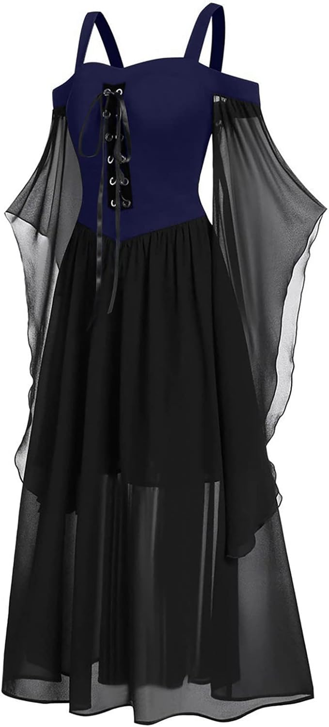 Vestido gótico para mujer, con hombros descubiertos, manga de mariposa, con cordones, vestido de Halloween, vestido medieval renacentista