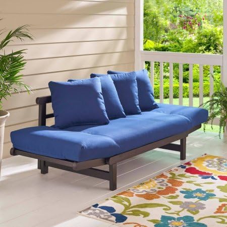 Sofá convertible al aire libre sofá cama futón asiento profundo ajustable madera muebles de patio con cojines azules