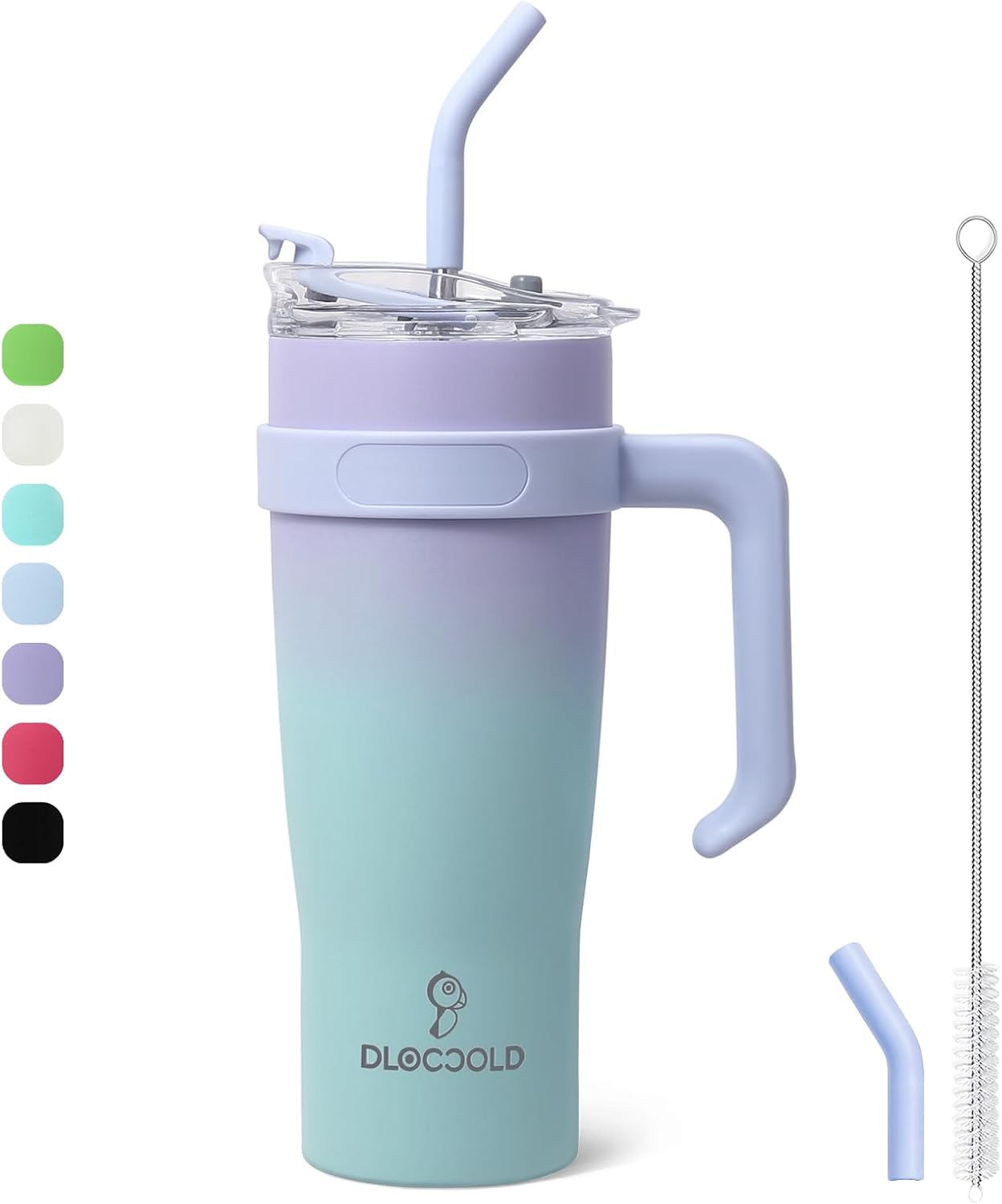 DLOCCOLD Vaso de 40 onzas con asa, popote y tapa, botella de agua reutilizable de acero inoxidable de doble pared con aislamiento al vacío, taza de