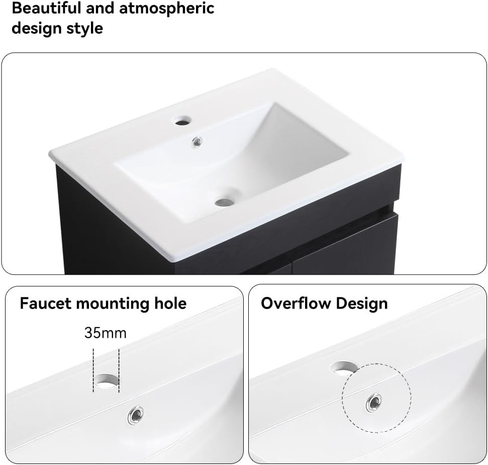 Vanidad de baño de 24 pulgadas, tocador de baño montado en la pared con lavabo de cerámica blanca, dos puertas de gabinete de cierre suave, madera