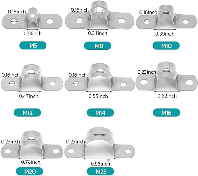 25 correas de tubo rígido de acero inoxidable M12 304 con dos agujeros, abrazaderas de tubo, soporte de tubería resistente para instalación de